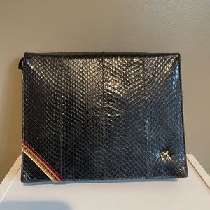 Vintage Melluso Imported from Italy Blk Leather & Reptile Clutch Handbag